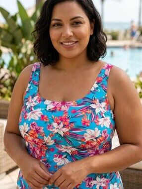 Lands End Women's 20W G Flutter Tankini Swim Top Underwire Blue Pink Floral
